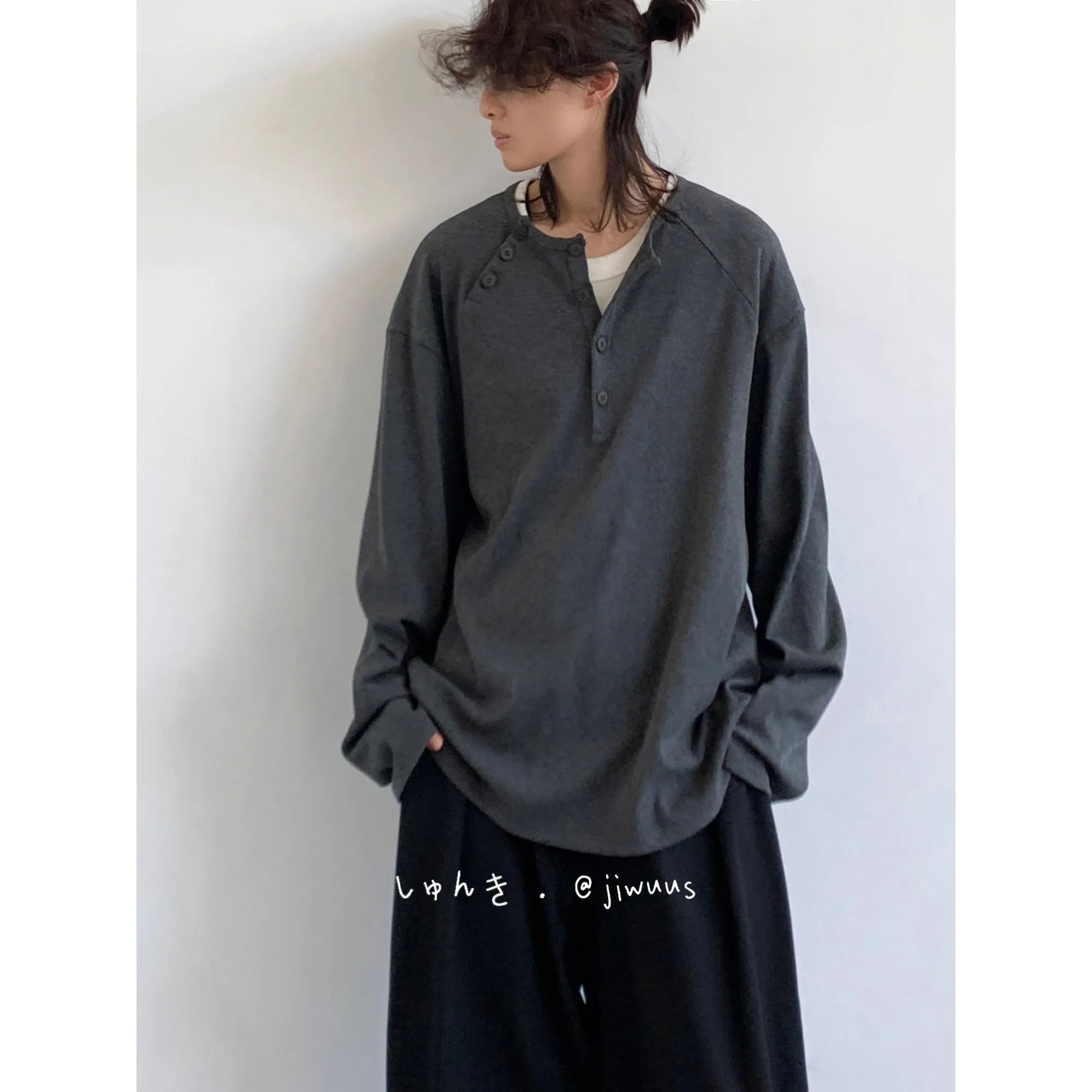 Threebooy  Spring Autumn New Japanese Retro POLO Collar Pullover Sweatshirt Men Women Couple Casual Loose Long-sleeved Base Shirt T-shirt