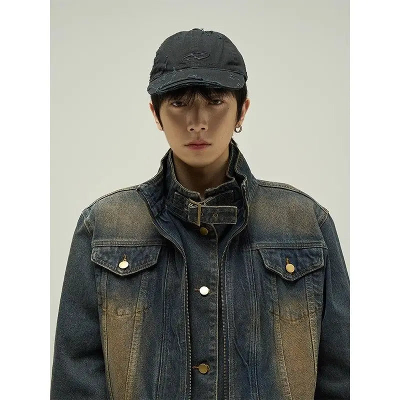 Threebooy Vintage Denim Jacket Man Woman Short Zipper Single Breasted Cowboy Crop Coats Blue Washed Stand Collar Unisex Jeans Outerwear