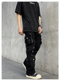 Threebooy Street Strap Speckled Ink Pocket Stereoscopic Cut Micro Horn Workwear Pants Hip Hop High Street Punk y2k streetwear Stacked Casual Pants