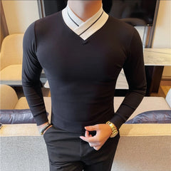 Threebooy  Autumn Winter Men's Mock Neck Long Sleeved T-shirt Slim Fit Elastic Solid Color Base Shirt Versatile Casual Business T-shirts