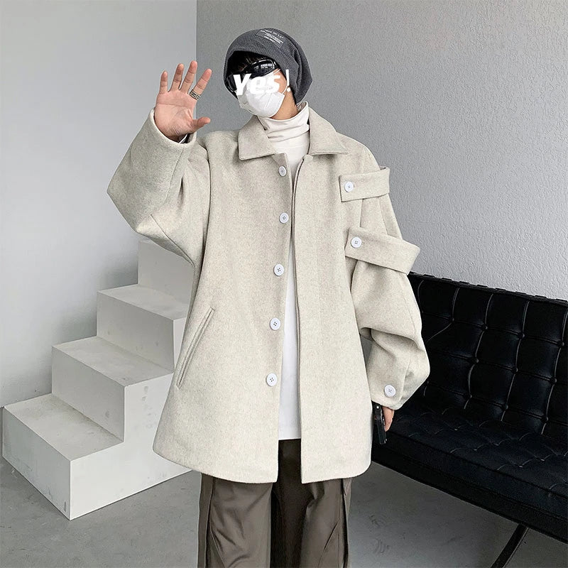 Threebooy Streetwear Woolen Coat Men's Autumn Winter Minority Lapel Jacket American Retro Loose Casual Asymmetrical Jacket