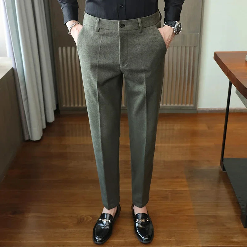 Threebooy  Autumn Winter New Woolen Suit Pants High Quality Striped Slim Fit Dress Pants Men's Formal Business Office Social Trousers