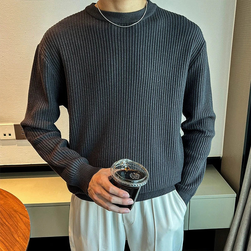 Threebooy  New Korean Retro Men Basic Sweater Luxury Knitted Solid Color O Neck Long Sleeve Pullover Casual Slim Premium Quality Knitwear