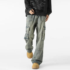 Threebooy Mens Loose Fit Straight Wide Leg Cargo Jeans outdoor Multi Pocket Patchwork Denim Pants Trending Streetwear Utility Style