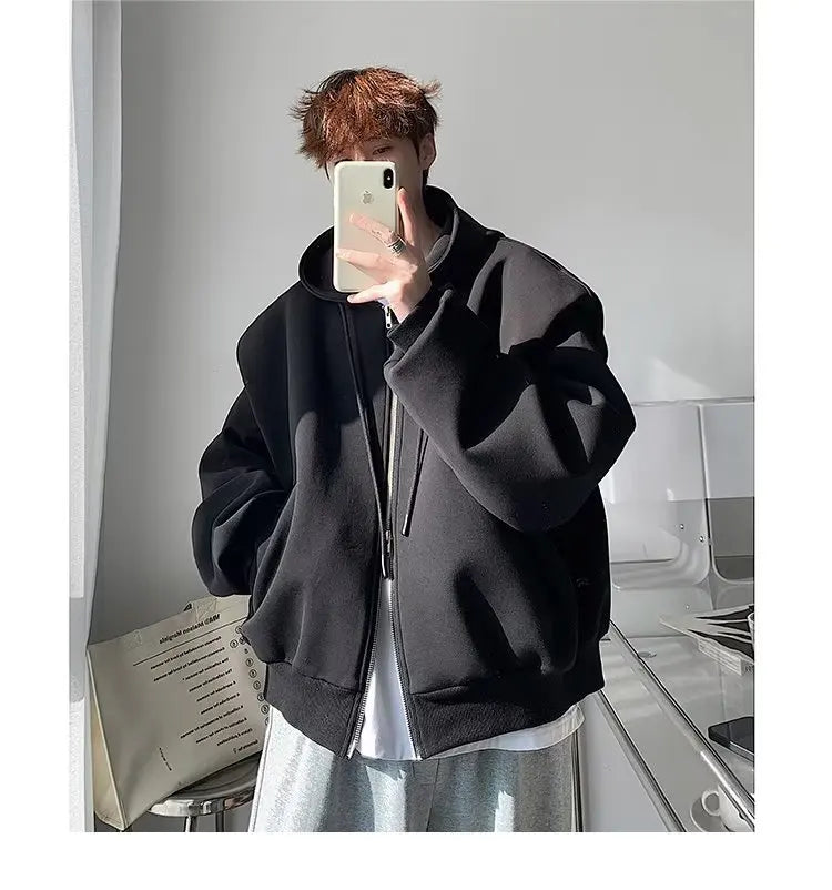 Threebooy Autumn Korean Zipper Hoody Large Silhouette Hooded Composite Shoulder Pad Cardigan Jacket Men Casual Handsome Hooded Sweatshirt