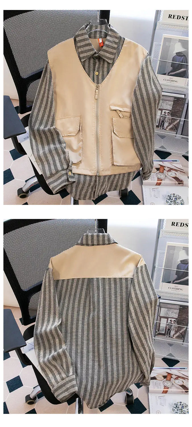 Threebooy Japanese Spring/Autumn Retro Stripe Fake Two Piece Splicing workwear Shirt for Men and Women Loose Couple Retro Casual Top y2k