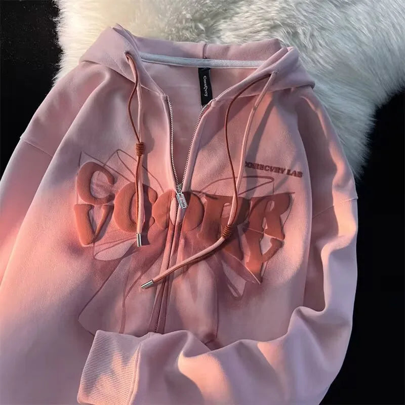 Threebooy Spring Autumn Women's Sweet Cool Bow Hooded Sweatshirt Zipper Couple Loose Fashion Cardigan Coat