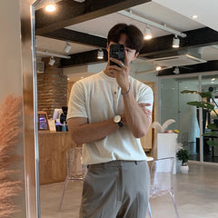 Threebooy  New Fashion Korean Style Men T-shirt Light Luxury Knitted Henry Collar Tops Casual Solid Color Short Sleeve Breathable Knitwear