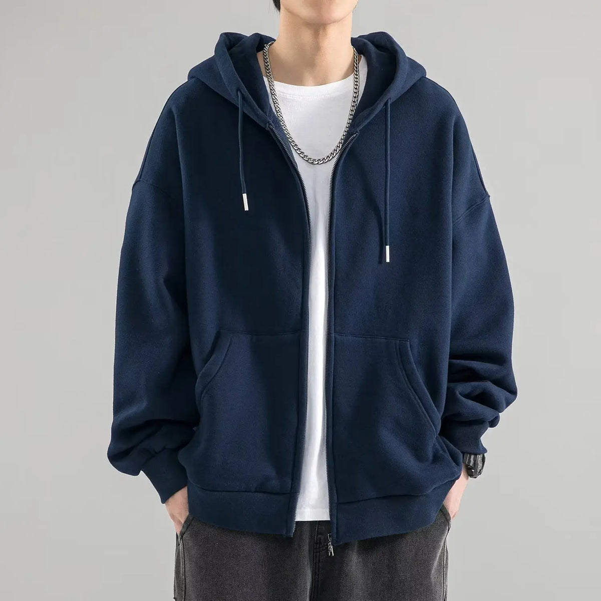 Threebooy Solid Zipper Cardigan Sweatshirt for Men in Spring Autumn Loose Versatile Hooded Student Hong Kong Style Men's Clothing Jacket