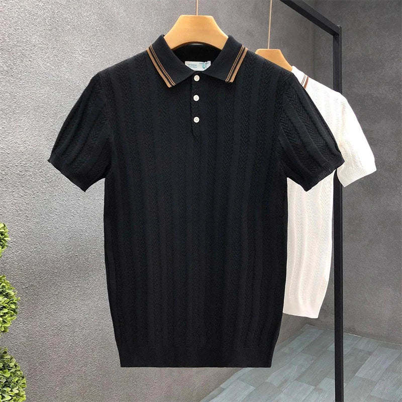 Threebooy  New Men's Clothing Light Luxury Business Knit Polo Shirt Fashion Leisure Short Sleeve T-shirt Korean Style Retro Knitwear M-3XL