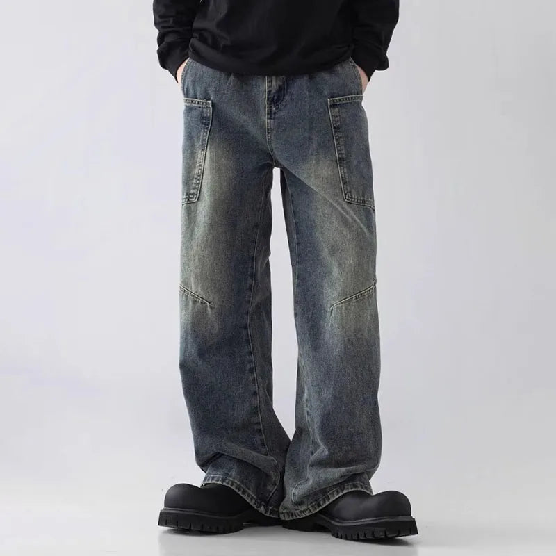 Threebooy Korean Style Large Pocket Workwear Jeans Retro Blue Men'S Baggy Jeans Straight Leg Pants Casual Wide Leg Pants Casual Pants