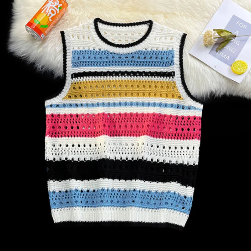 Threebooy Contrast Striped Hollowed Out Knit Tank Top Men's Oversize Summer Japanese Outerwear Layered Bf Couple Knitwear Sleeveless Top
