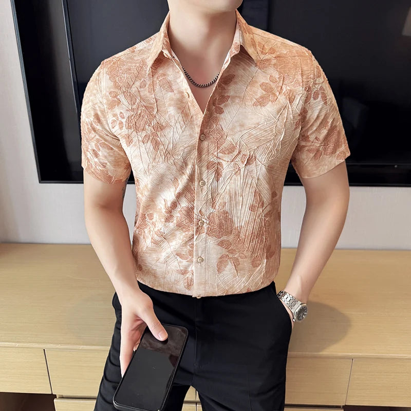 Threebooy  High Quality Printed Short Sleeved Shirt for Men Slim Fit Casual Pleated Shirt Business and Social Ironless Shirt Men Clothing