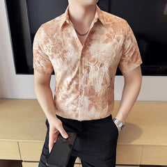 Threebooy  High Quality Printed Short Sleeved Shirt for Men Slim Fit Casual Pleated Shirt Business and Social Ironless Shirt Men Clothing
