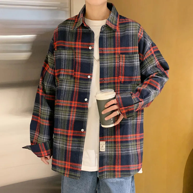 Threebooy  Autumn Long Sleeved Shirt Men Fashion Oversized Plaid Shirt Men Streetwear Korean Loose Casual Shirts Mens Large Size M-5XL