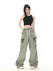 Threebooy Hip hop retro high street men and women trendy personalized washed workwear jeans for couples loose straight leg casual pants