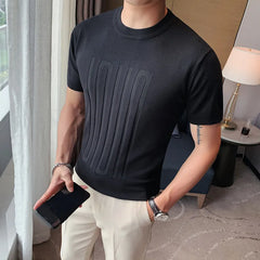 Threebooy  New Summer Men's Short Sleeve Solid Color T shirt Round Collar British Slim Casual Fashion Knit T-Shirts S-3XL