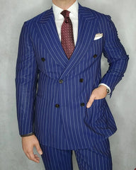 Threebooy  Navy Blue Men's Suit 2 Pieces Blazer Pants Double Breasted Peaked Lapel Pinstripes Business Modern Wedding Groom