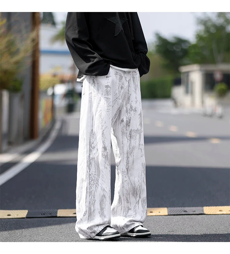 Threebooy Jeans Mens Classic Straight Leg Jeans White Tie Dye Denim Pants Unisex Fashion Casual Trousers Streetwear Hip Hop Style Washed