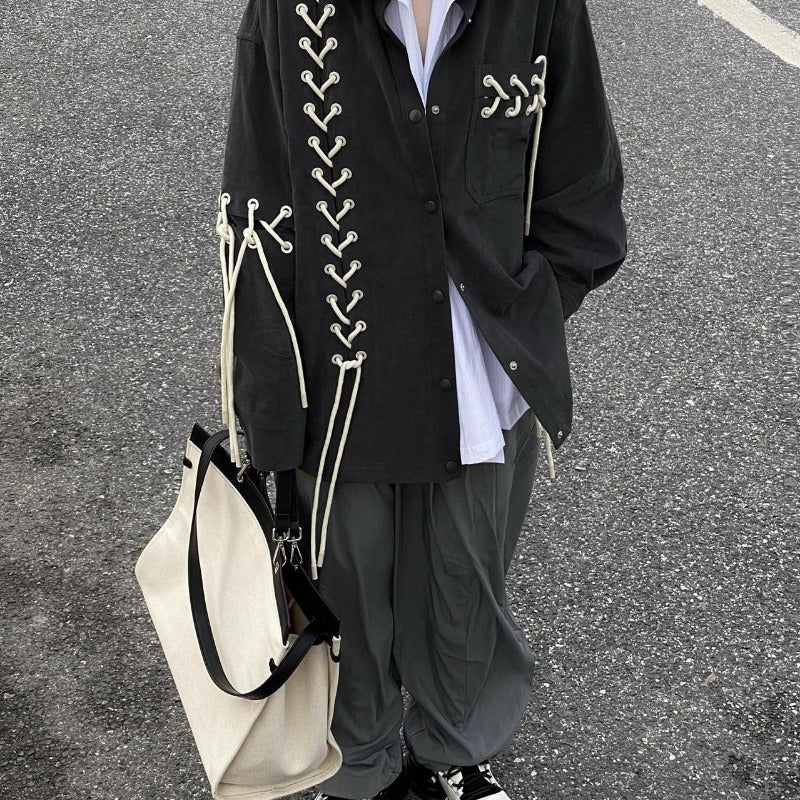 Threebooy Unisex Vintage Punk Black Shirt Coat Men Women Spring Autumn Japanese Harajuku Tie Rope Top Versatile High Street Shirt