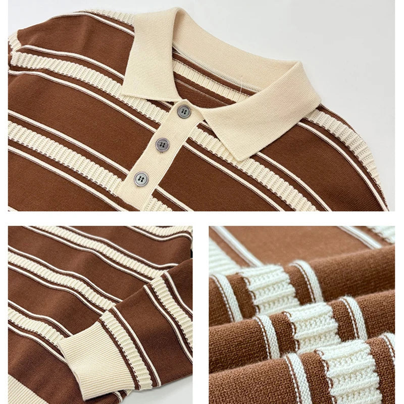 Threebooy  New American Trendy Men Polo Neck Sweater Light Luxury Striped Knit Long Sleeve Pullover Tops High Quality Loose Knitwear M-3XL