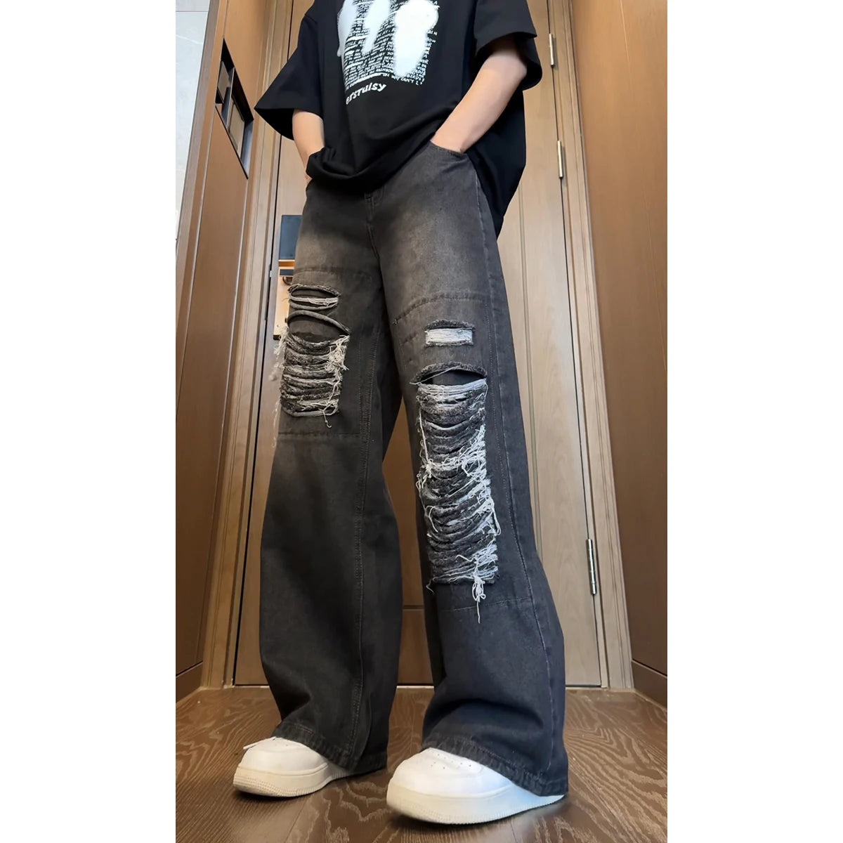 Threebooy Beggar jeans men Vintage Streetwear Ripped Hole Jeans Men Women Harajuku Aesthetic Wide Leg Denim Trousers Unisex Straight Pants