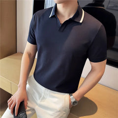 Threebooy  High Quality Elastic V-neck Polo Shirt for Men Lapel Short Sleeved Casual Business T-shirt Ice Silk Cool Sunscreen T-shirt