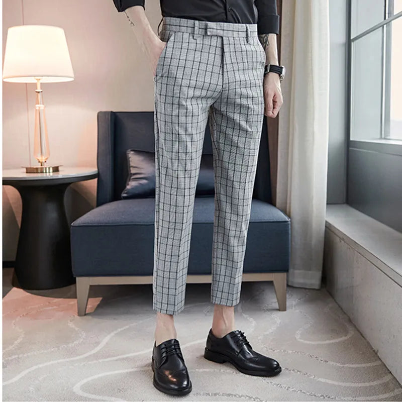 Threebooy Formal Pants Men Trousers British Style Mens Plaid Pant Pantalon Costume Spring Autumn Plaid Casual Dress Pants Men Social