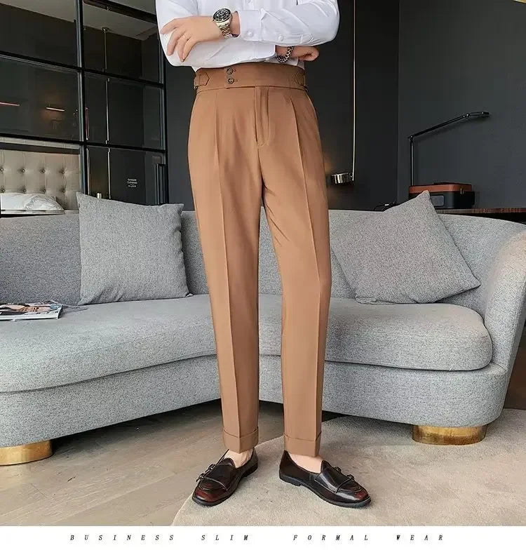 Threebooy Nadir Coffee Color Men's Trousers Classic Trendy Paris Button Single Pleat Slims Smooths Your Silhouette Business Casual Pants