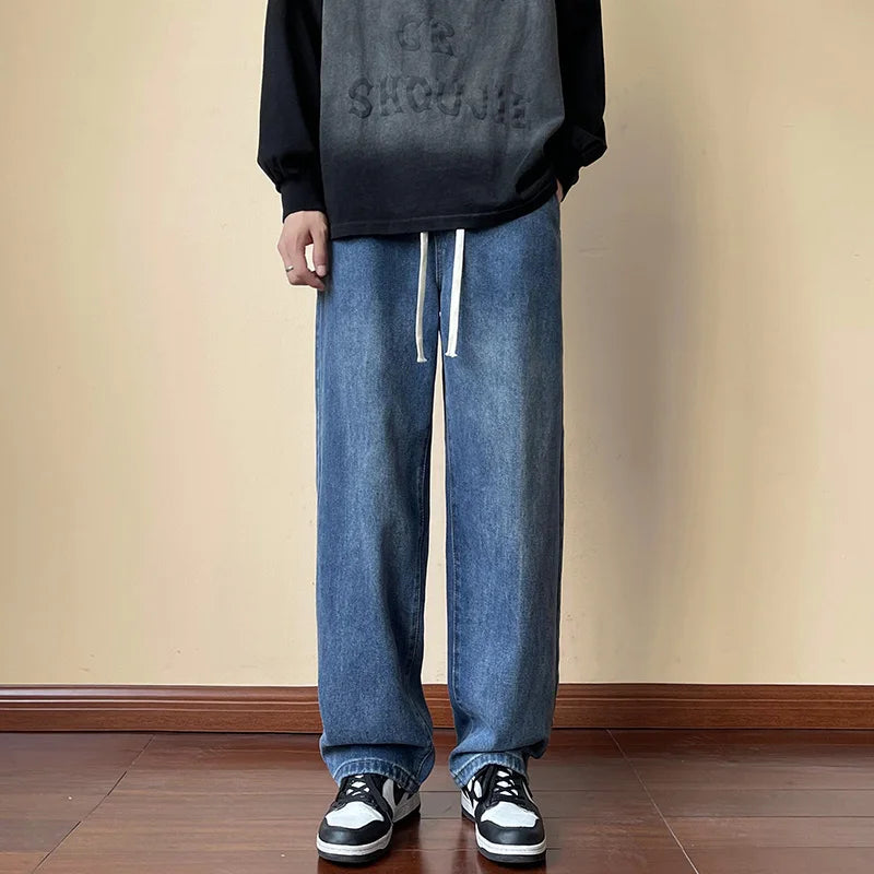 Threebooy  Streetwear Men's Elastic Waist Wide Leg Baggy Jeans Korean Fashion New Autumn Retro Oversize Jeans Male Drawstring Design Pants