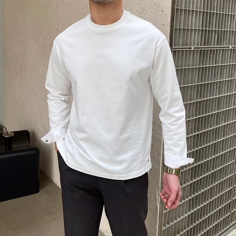 Threebooy  New Autumn Fashion Men T-shirt Light Luxury Solid Color Long Sleeve Tops Leisure Streetwear Casual O Neck Basic Shirts M-3XL