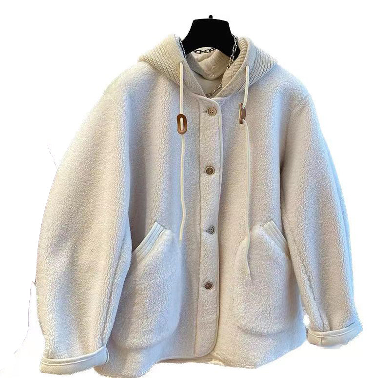 Threebooy Simple Niche Splicing Detachable Knitted Hooded Coat Women Autumn Winter Velvet Loose Casual Lamb Wool Warm Button Top
