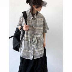 Threebooy Japanese Retro Blouse Loose Ethnic Short-sleeved Shirt Men Women Korean Summer Fashion High-end College Style Versatile Shirt