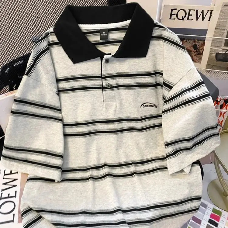 Threebooy High street hip-hop men and women trendy personalized striped polo short sleeved couple summer loose retro casual Harajuku top