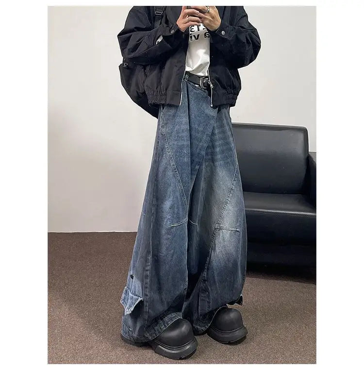 Threebooy Hip hop high street men and women trendy hip-hop straight leg washed jeans for couples loose retro casual wide leg pants Y2K