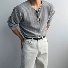 Threebooy  New Korean Fashion Men T-shirt Luxury Knitted Solid Color O Neck Long Sleeve Tees Casual Premium Quality Textured Knitwear M-3XL