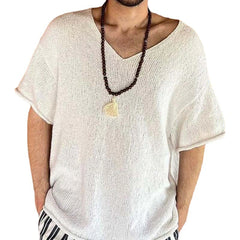 Threebooy Mens Hollow Casual Knitted Tops Genderless 2024 Summer New Fashion Vacation White Loose Breathable Short Sleeve T-Shirt Unisex