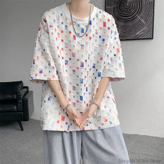 Threebooy Summer Short Sleeved T-shirt Men Fashion Hollow Out Oversized Plaid T Shirt Men Streetwear Hip Hop Loose Casual Tshirt Male 5XL