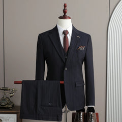 Threebooy  A stylish and cool striped casual business three-piece suit set for the autumn , a high-quality wedding suit