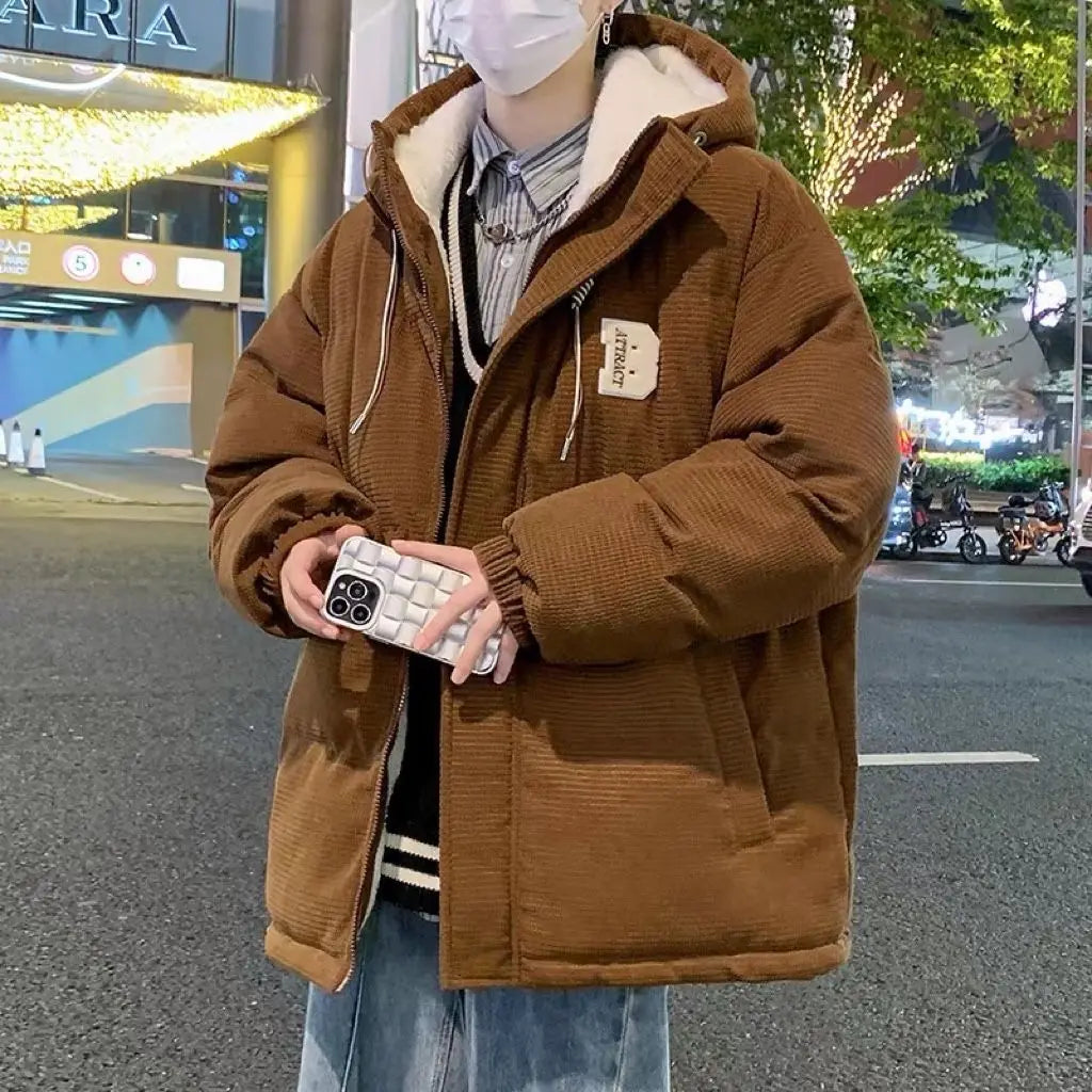 Threebooy autumn and winter street fashion corduroy thick jacket for men and women couple personalized loose retro casual Harajuku