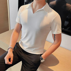Threebooy  Summer Men's Clothing Luxury Jacquard Knit V Neck Short Sleeve Polo Shirt Leisure Breathable Fashion High Quality Knitwear S-3XL