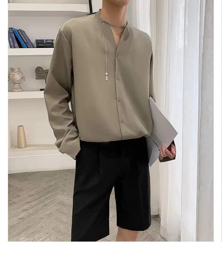 Threebooy 2025 New Retro V-neck Shirt Temperament Solid Color Long-sleeved Drooping White Shirt Korean Loose Trendy Top Aesthetic Chic