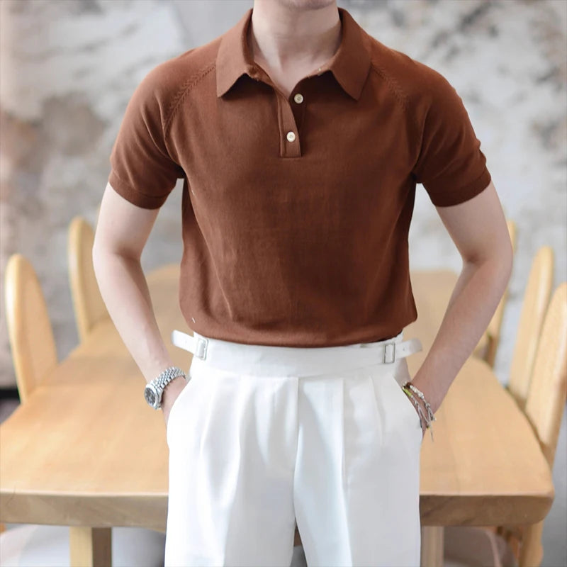 Threebooy New Men Fashion Tops Light Luxury Style Leisure Knitted Polo Shirt Casual Fitness Solid Color Short Sleeve Breathable Tees M-3XL