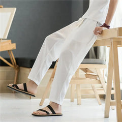 Threebooy  Men's Casual Pants Summer Thin Linen Pants Loose Striped Nine-point Pants Straight Sports Pants Cotton Linen 9-point Pants