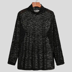 Threebooy  Men's Casual Slim Zebra Striped See-through Long Sleeve T-shirt Streetwear High Neck Leisure Bottoming Tees Party Clothing S-2XL