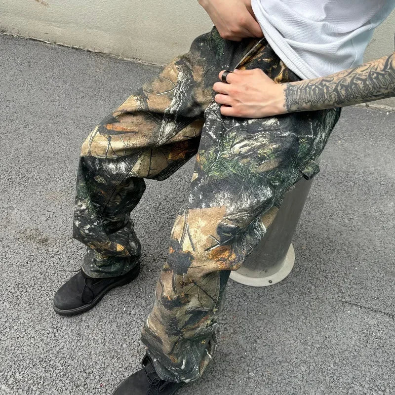 Threebooy Y2K Fashion Branching Pattern Baggy Stacked Cargo Pants Men Clothes Camouflage Hip Hop Long Trousers