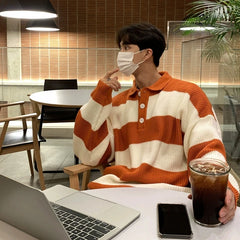 Threebooy  New Fashion Striped Men Polo Sweater Light Luxury Korean Popular Knitwear Premium Quality Long Sleeve Pullover Trendy Streetwear