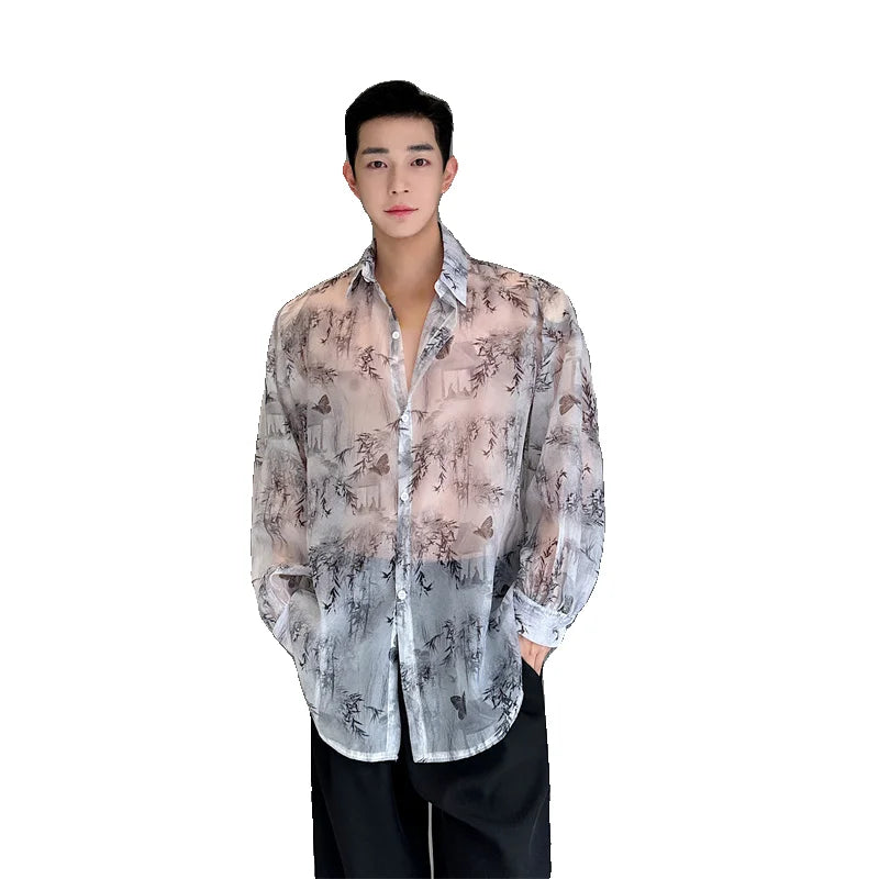 Threebooy Transparent Shirt Men Fashion Printed Harajuku Shirt Top Korean Loose Casual Clothes Sun-proof Daily All-match Summer Holiday