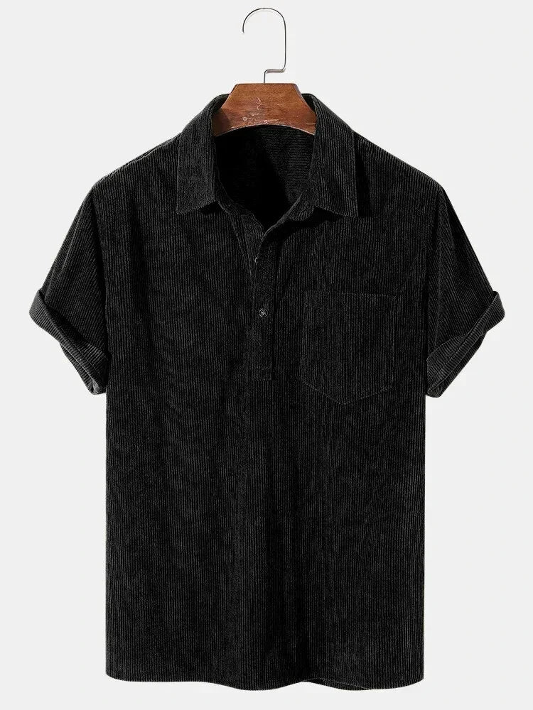 Threebooy  New 2025 Men's Summer Corduroy Short Sleeve Shirt Fashion Casual Streetwear Solid Lapel Loose Pullover Retro Simple Tops for Men