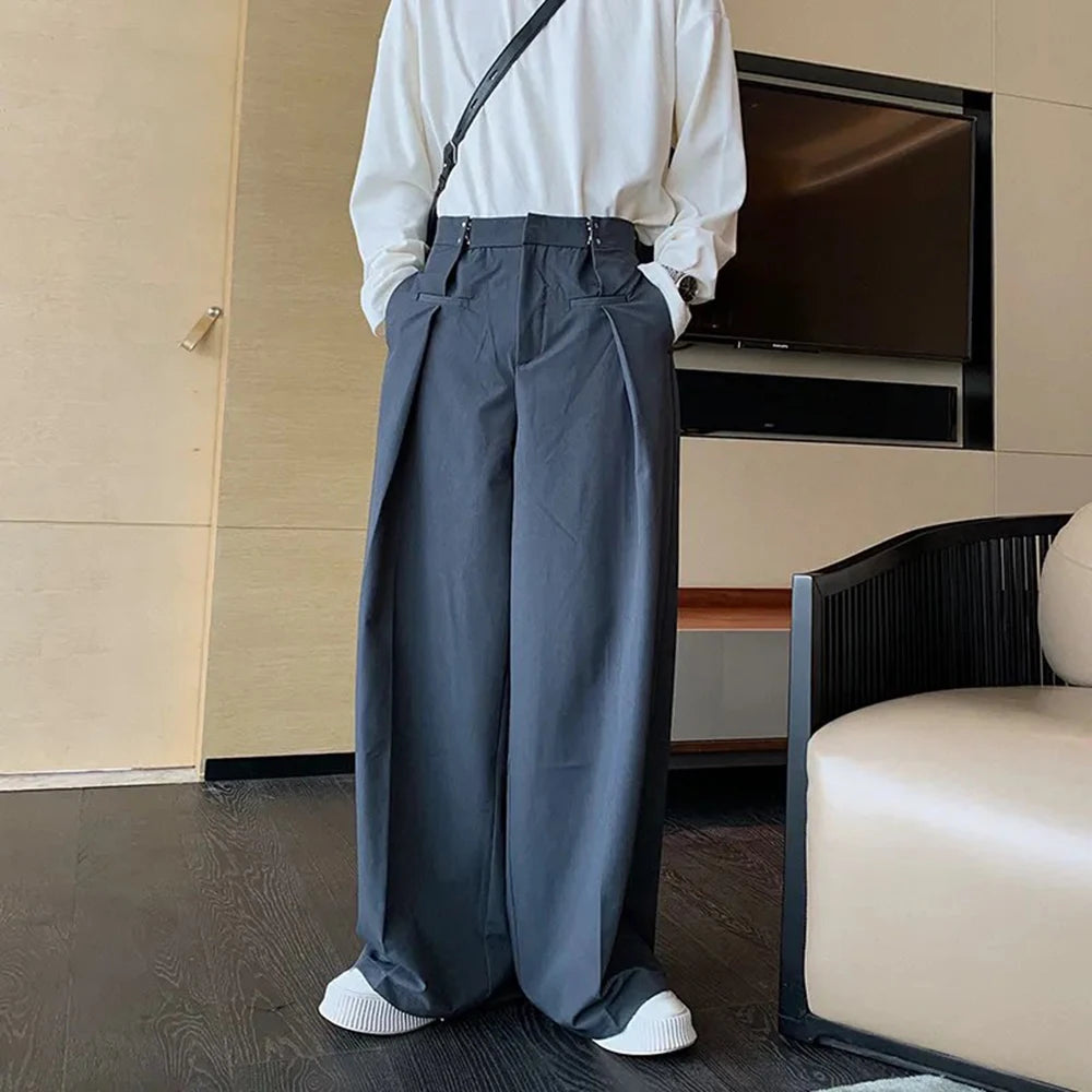 Threebooy  Summer Men's Solid Color Suit Trousers American Retro Fashion Trend High Street Casual Loose Breathable Men's Bottoms